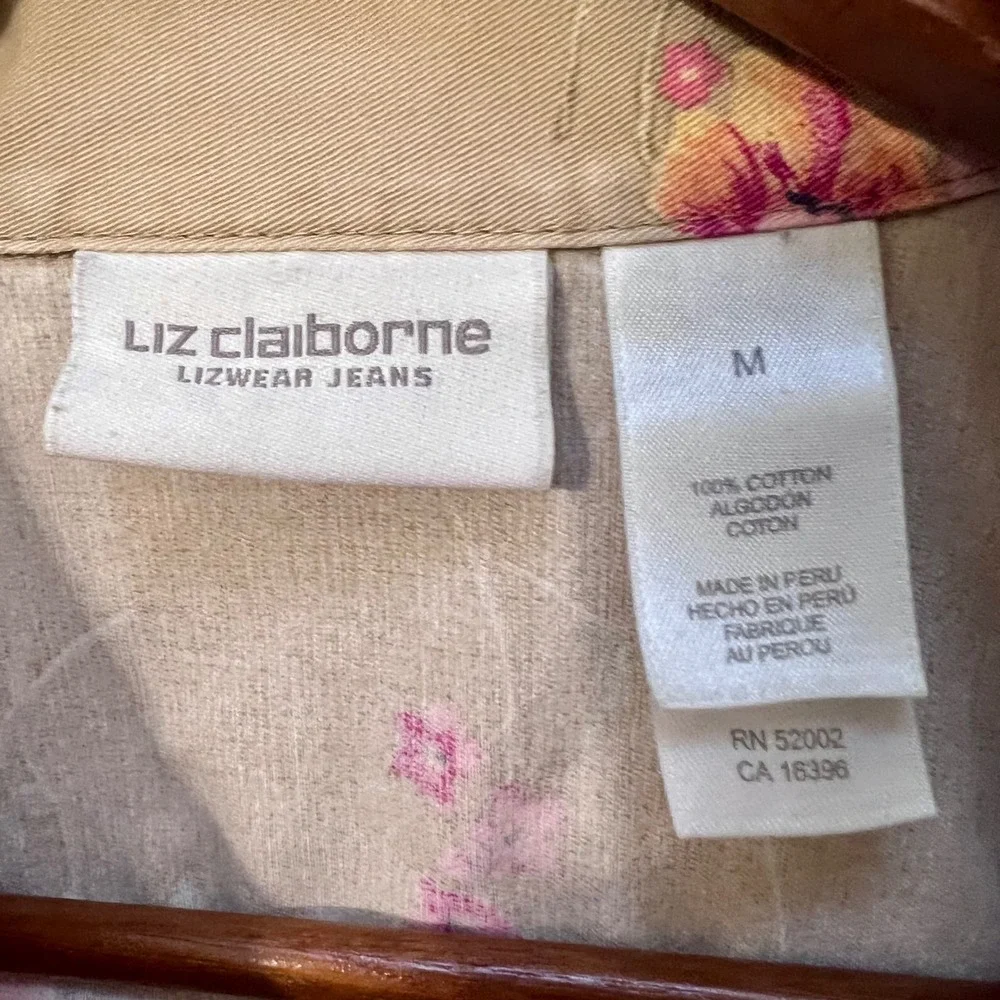 Liz Claiborne Tan Floral Denim Trucker Jacket‎ Boxy VintageCotton Womens Medium